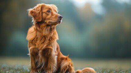 Golden retriever mix sits alertly in a field with a blurred green background