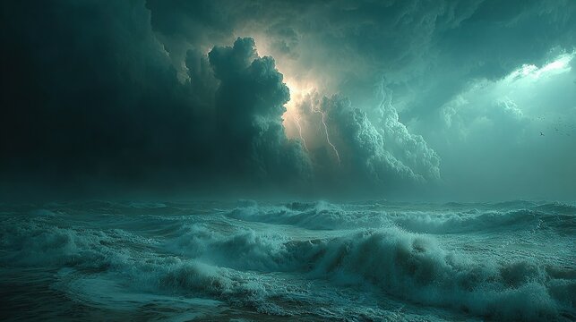  Stormy sky over water with boat in fg and birds in distance