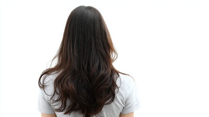 Obraz premium Candid Back of a Young Woman's Head with Long Brown Hair, Generating an Enigmatic Silhouette Against a Clean White Background