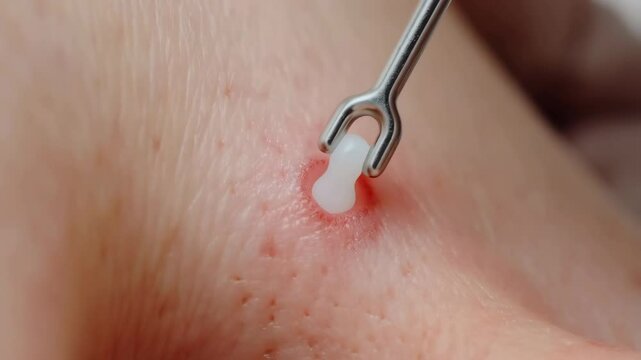 Comedone extractor tool squeezing a white pimple on irritated skin