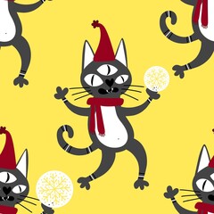 Christmas cartoon animals seamless cats and toys pattern for wrapping paper