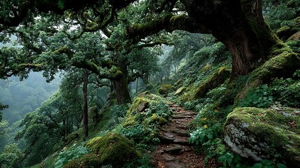   A path through the dense woods, surrounded by towering trees and lush mossy foliage on either side
