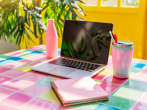 laptop with designer water bottle and pastel notebook on colorful tiled table