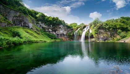 Fototapeta premium majestic waterfall cascading down cliffs into a tranquil lake surrounded by lush greenery in a serene landscape