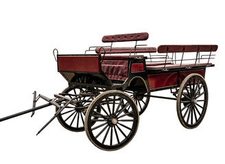 Fototapeta premium Buckboard wagon looks new outfitted with leather seating. Painted red maroon with old wheels, back rests and railing it is ready for display of parade. Isolated image front.