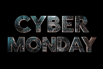 Cyber Monday Text with Circuit Board Pattern on Black Background, Technology Theme