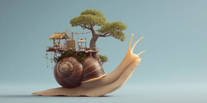 Fantasy treehouse village on giant snail shell