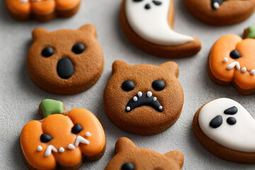 Spooky treats: Adorable Halloween-themed cookies shaped like ghosts, pumpkins, and creatures, perfect for a festive celebration.