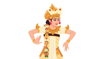 Balinese dancer gracefully moves, showcasing traditional attire adorned with golden elements and floral arrangements in cultural dance poses.