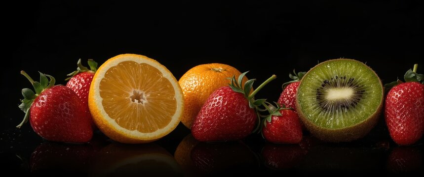 A vibrant medley of fresh fruit featuring oranges, strawberries, and kiwis arranged against a black backdrop. - Powered by Adobe
