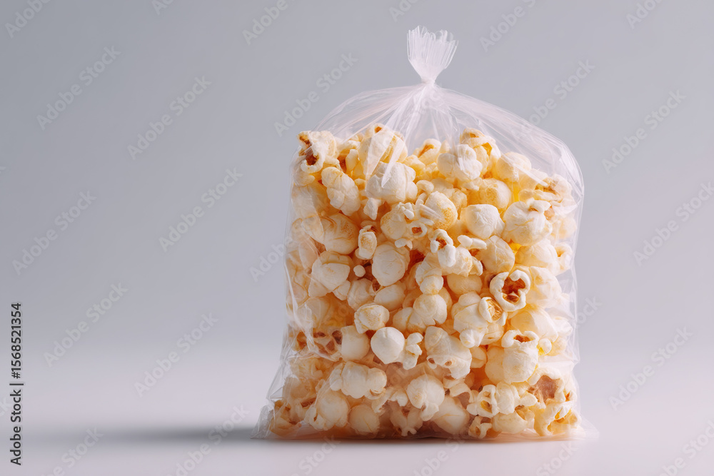 Poster bag of popcorn: ready to enjoy a classic snack. the salty treat is visible through its transparent c