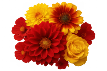 Colorful floral arrangement featuring red, yellow, orange roses, dahlias, daisies blooming against transparent backdrop