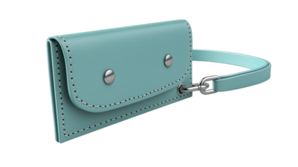 Studio lighting showcases mint green leather wallet with wrist strap. Transparent PNG Minimalist fashion accessory on white background. Ideal for e-commerce, product mockups, and design presentations.