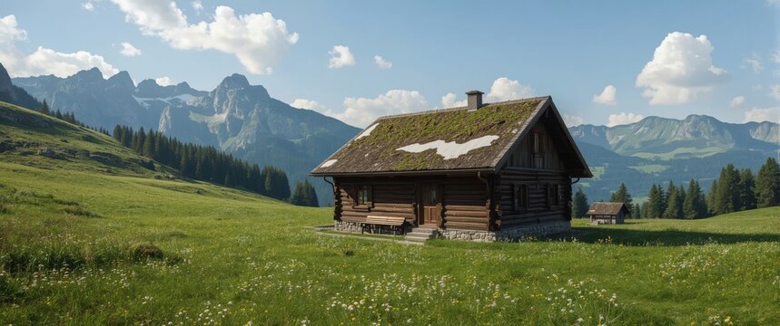 Idyllic log cabin retreat amidst lush meadow with majestic mountain views. Nature's haven awaits. - Powered by Adobe