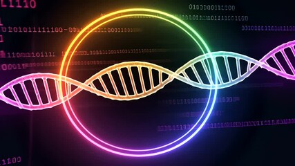 DNA strand with binary code, a neon circle, and a dark background - Powered by Adobe