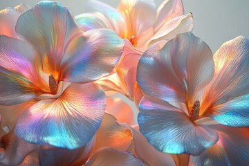 Iridescent flowers shimmer with ethereal hues, showcasing a delicate blend of pastel colors and captivating light play.