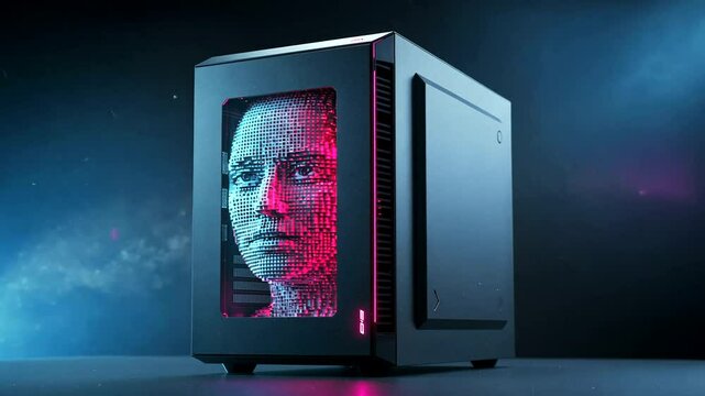 Digital face formed inside a futuristic computer case