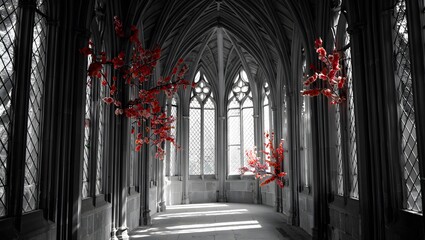 Explore gothic architecture interior with red flowers and black and white photography