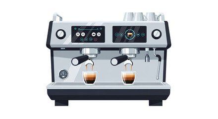 Fototapeta premium Modern espresso machine dispenses rich, dark coffee into two clear glasses, perfect for illustrating cafes, coffee shops, and gourmet beverages.