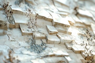 Close-up of a textured white wall with small plants growing from the cracks, creating a unique, natural pattern.