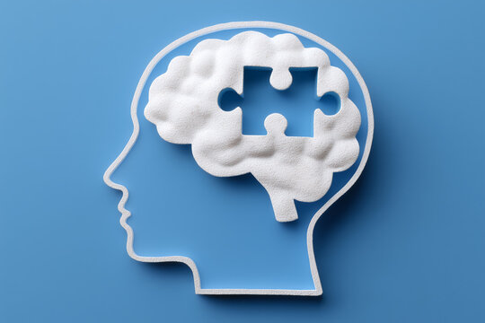 Puzzleteil fehlt im wei&szlig;en Gehirn &ndash; Symbol f&uuml;r Alzheimer, Demenz, Ged&auml;chtnisverlust, neurologische Erkrankung, kognitive St&ouml;rungen, geistige Gesundheit und Alter.