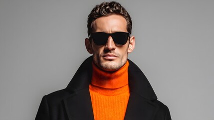 Fototapeta premium Stylish man in sunglasses, orange turtleneck, and black coat against a gray backdrop, showcasing a modern, confident look.
