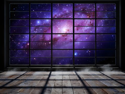 Window view of galaxy space stars nebula cosmic background wallpaper hd stock image