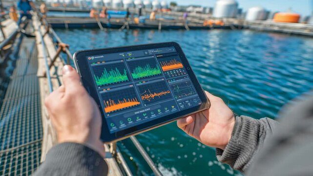 Hand holding tablet showing aquaculture monitoring graphs, green and orange data visualization, water quality tracking interface, digital fish farm management system
