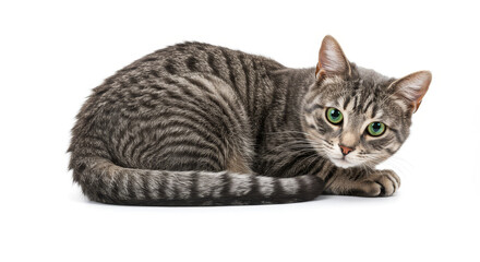Tabby cat with green eyes lying down on white background