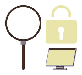 Magnifying glass, padlock, and computer monitor represent cybersecurity, data protection, analysis, and privacy. Ideal for digital security, risk management, online safety IT services cryptography