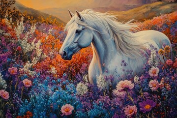 Naklejka premium A majestic white horse stands amidst a vibrant field of colorful flowers under a warm, dreamy sunset sky.