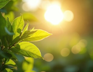 Obraz premium Sunlight filters through vibrant green leaves, creating tranquil, warm atmosphere. Soft sunbeams, bokeh lights highlight growth, nature, peacefulness. Ideal for themes of relaxation,
