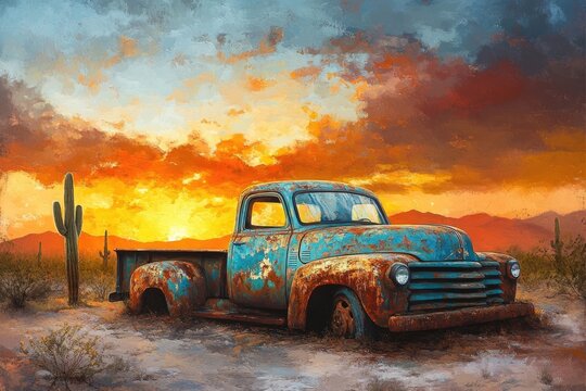 A rustic, rusted truck sits in the desert landscape at sunset, with a cactus,  mountains, and colorful sky.