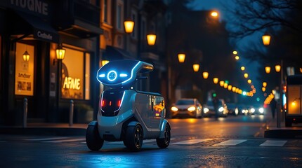 AI delivery robot crosses night street