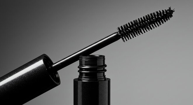 A mascara brush with a black tube showing a mascara tube open with the brush lying diagonally across it captured with natural light for authentic editorial and 