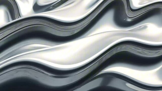 Abstract liquid metal waves flowing in smooth curves creating dynamic silver patterns, elegant fluid motion background. Concept of luxury design, automotive industry, technology branding.