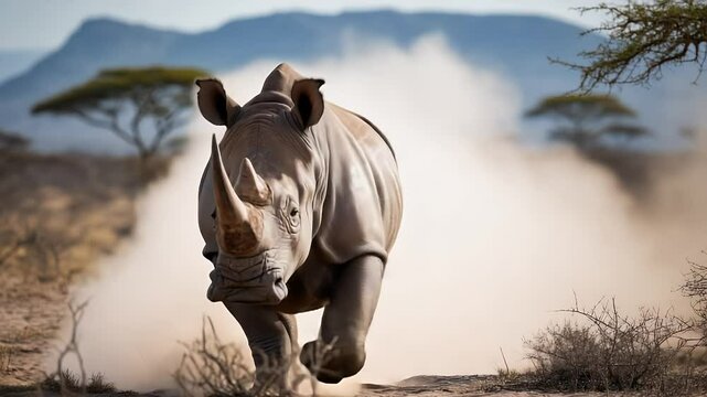 Running Rhinoceros: A powerful rhinoceros charges across the African savanna, kicking up a cloud of dust under a bright sun, capturing the strength and untamed essence of the wild.
