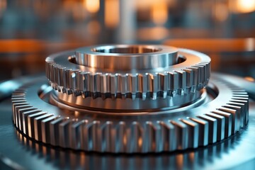Close-up of two shiny, metallic gears stacked on top of each other, showcasing intricate mechanical details and industrial craftsmanship.