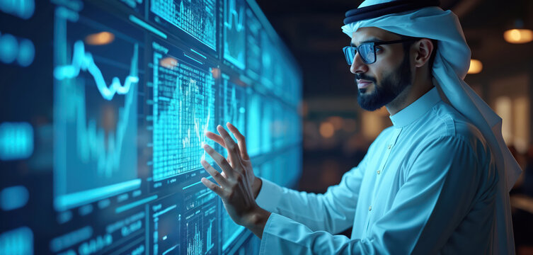 Muslim businessman interacts with floating data visualization screen. Wears traditional clothing, glasses, analyzing financial charts in modern office setting. Image represents technology, strategy, - Powered by Adobe