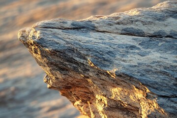 Fototapeta premium Close-up of a rugged rock formation, illuminated by warm light, with textured surface and weathered details.