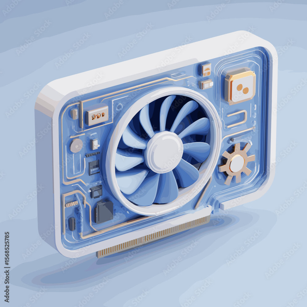 Poster 3d gpu video card vector illustration. graphics processor for computer