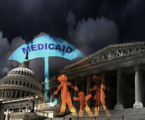 Paper family under Medicaid umbrella with Congress in Washington DC background