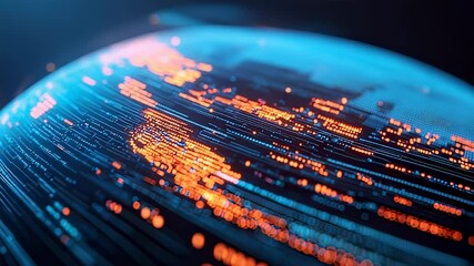 Abstract globe with glowing data streams in blue and orange, futuristic tech concept - Powered by Adobe