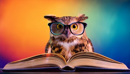 owl wearing glasses sitting on an open book with colorful background