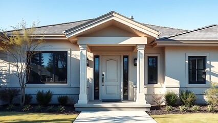Modern house entrance with an elegant front door under a clear blue sky.