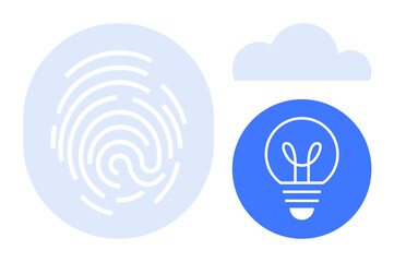 Fingerprint for security, light bulb as innovation, and cloud for digital storage. Ideal for technology, cloud computing, cybersecurity, inspiration, innovation, data security simple landing page