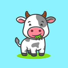 illustration of cute cartoon animal cow eating grass