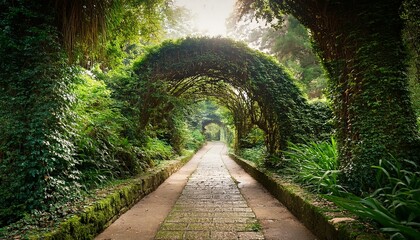 a serene pathway surrounded by lush greenery and arches creating a tranquil atmosphere