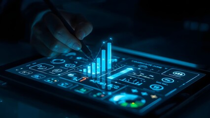 An expert hand utilizes a digital pen, meticulously analyzing dynamic data visualizations presented on a cutting-edge tablet. This captures the essence of the digital era.