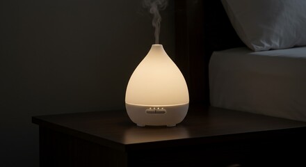 A white light on a night stand showing white ceramic diffuser releasing mist on nightstand, warm ambient light